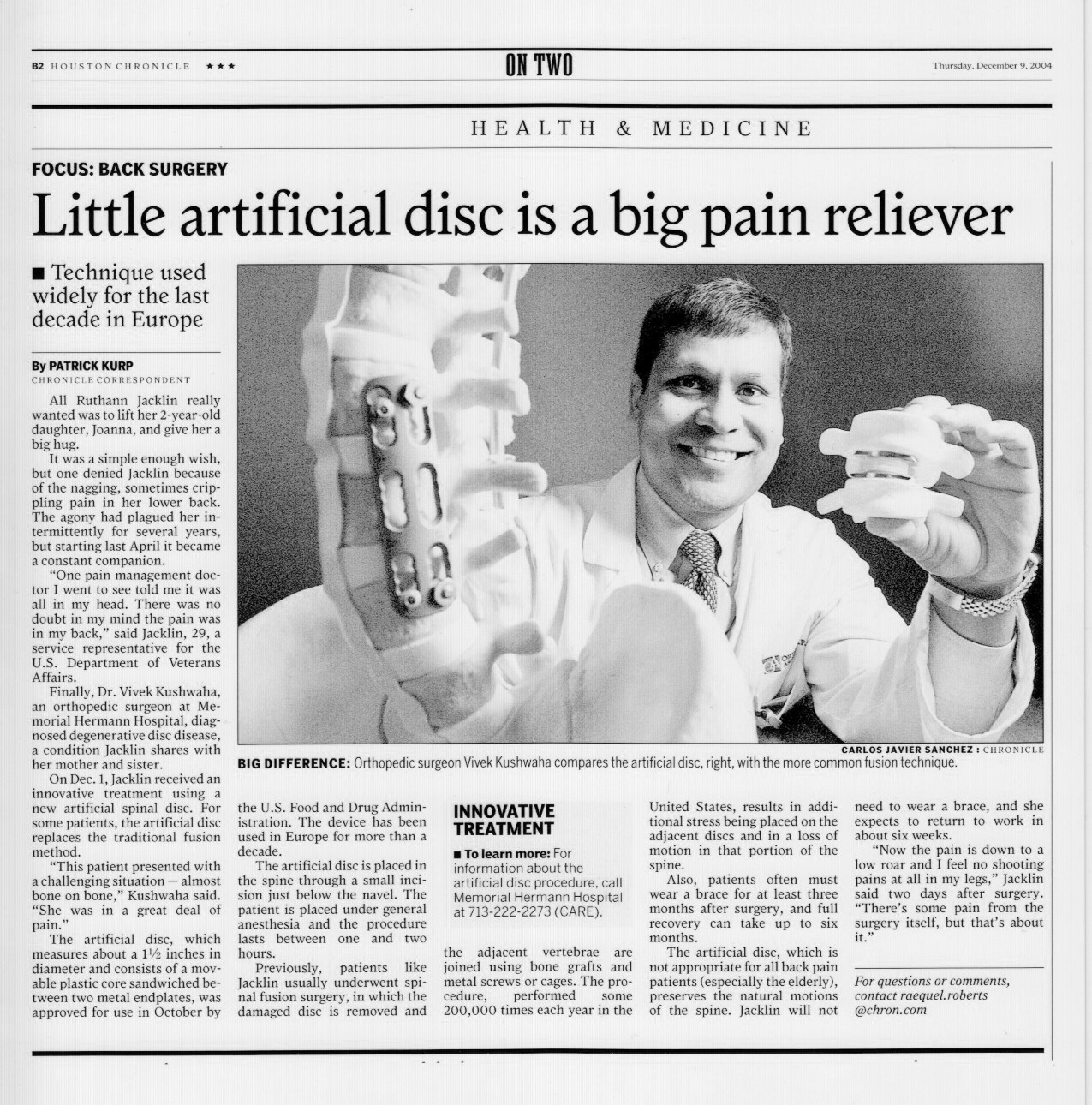 Artificial Disc Newspaper Article Artificial Disc Newspaper Article